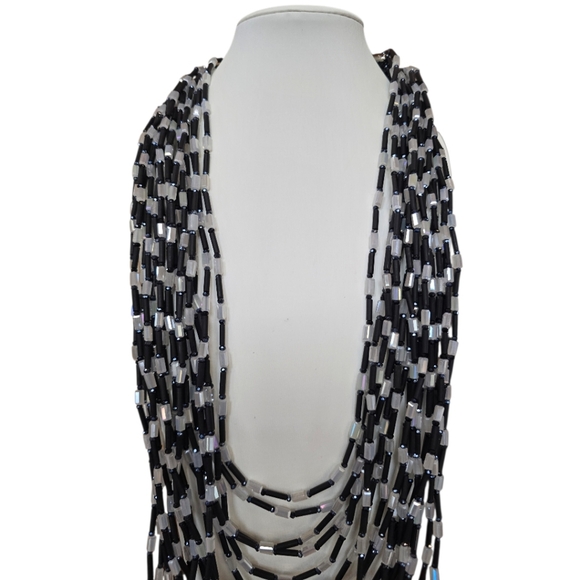 Art Deco Style Multistrand Black White Glass Bead Necklace - Picture 3 of 9